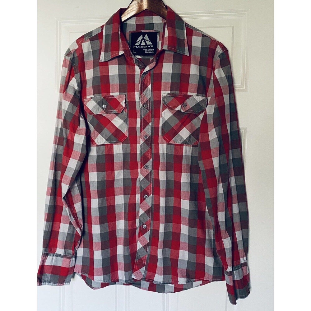 Massive Shirt Western Retro 90 Style Check Button Shirt Mens XL Red White Grey